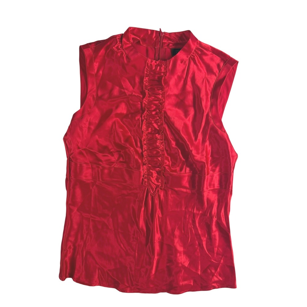 The Limited 90s Silk Romantic Women Sleeveless Mock Neck Ruffle Blouse Red Silk